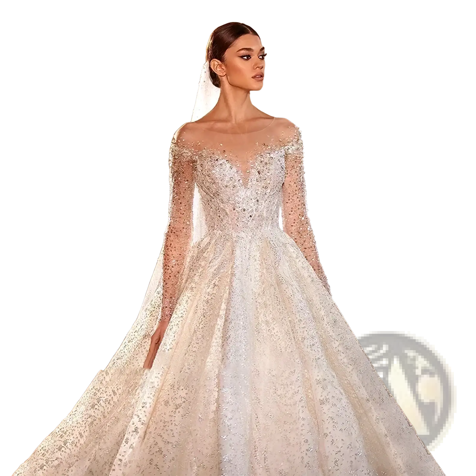 A sparkling ivory beaded ball gown wedding dress with long sheer sleeves and a fitted bodice adorned with intricate beading