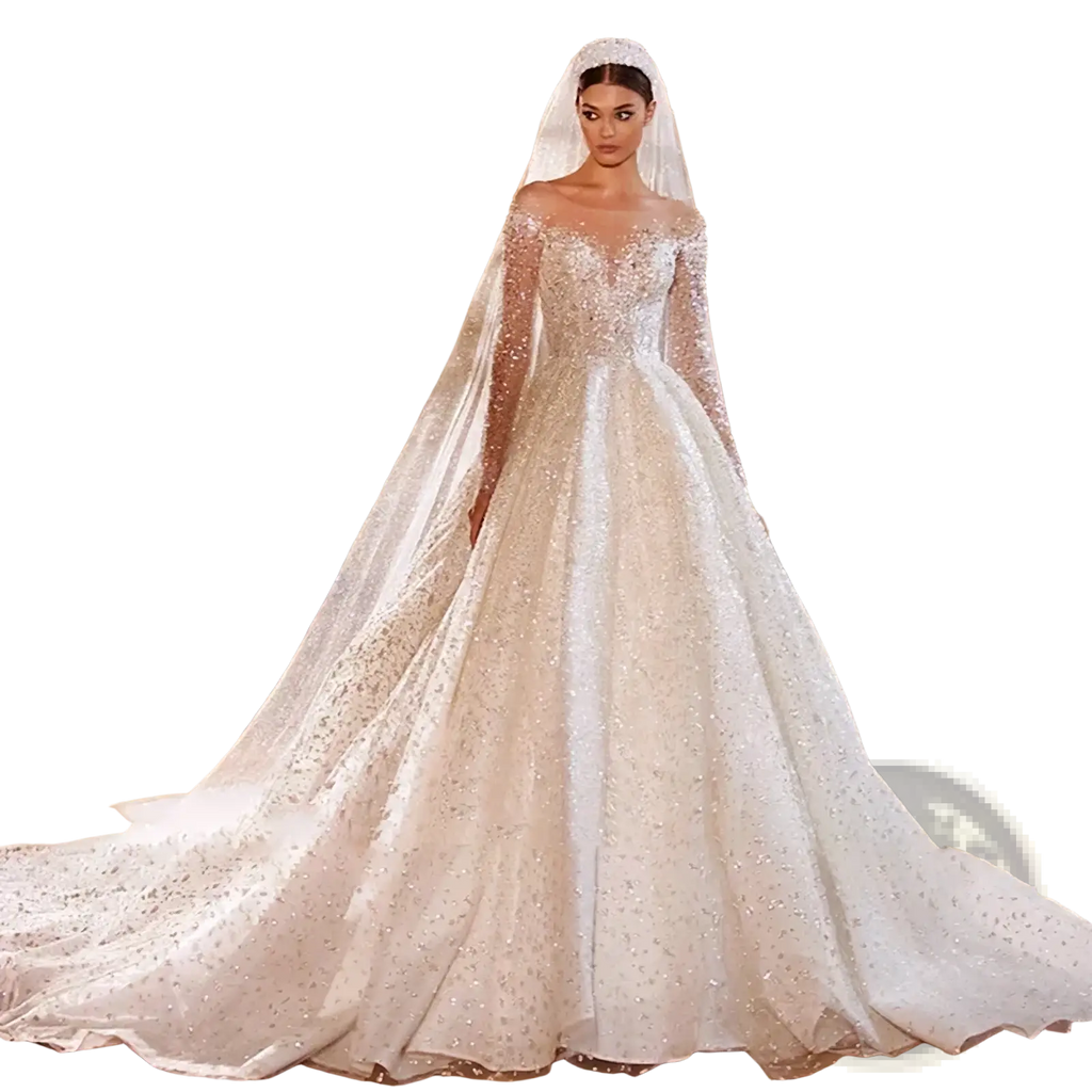 A beaded ball gown wedding dress in sparkling ivory with long sheer sleeves and a flowing train