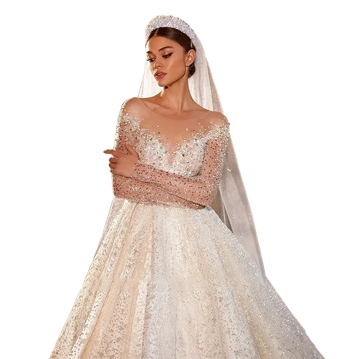 A sparkling off-the-shoulder beaded ball gown wedding dress with long sheer sleeves and matching lace veil