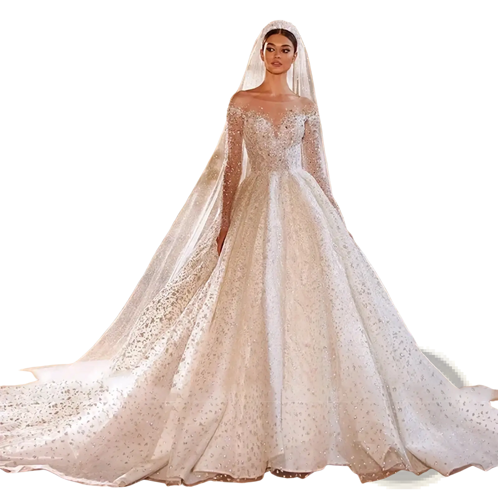 A beaded ball gown wedding dress in ivory lace with long sleeves off the shoulder and a flowing train