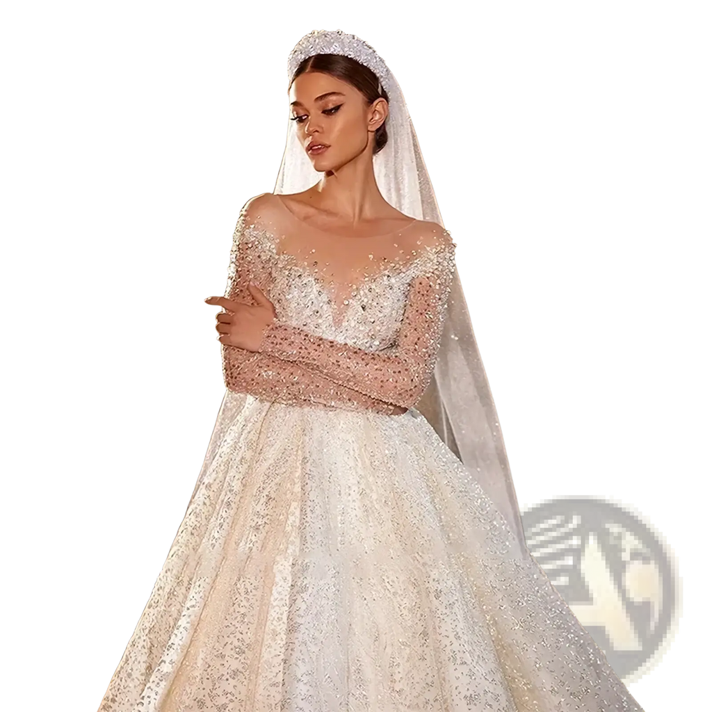 A sparkling off-the-shoulder beaded ball gown wedding dress with long sheer sleeves and matching lace veil