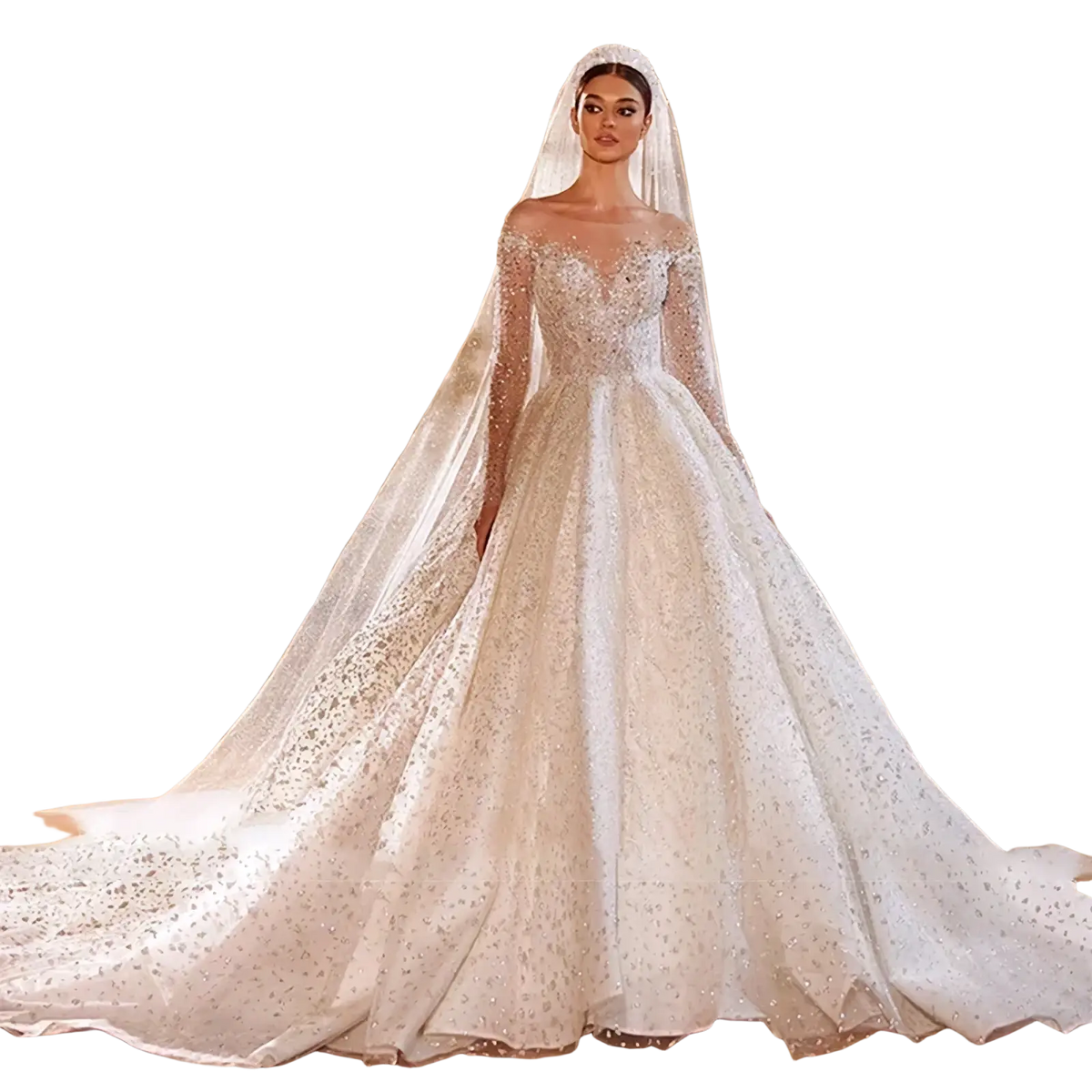 Beaded ball gown wedding dress with long sleeves featuring an off-the-shoulder white lace and embellished design with flowing train and veil