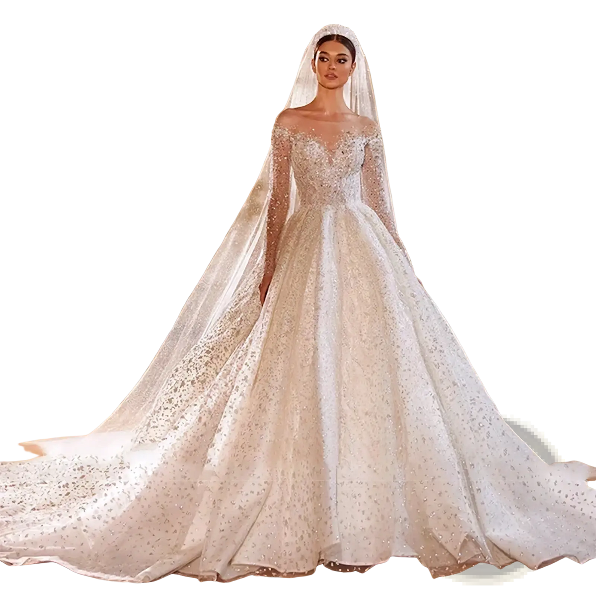 Beaded ball gown wedding dress with long sleeves featuring an off-the-shoulder white lace and embellished design with flowing train and veil