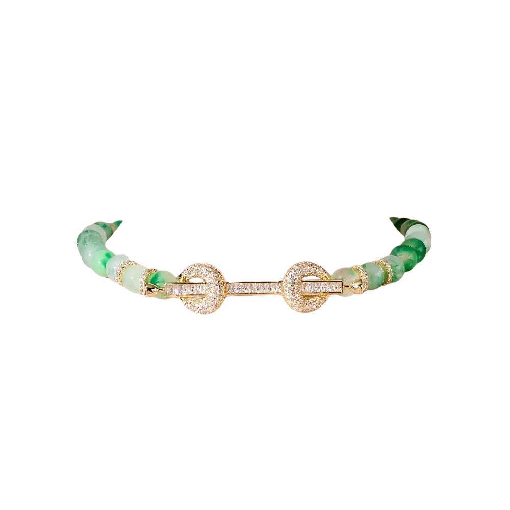 Beaded choker necklace with smooth green jade beads and a gold clasp adorned with pave-set diamonds and cubic zirconia