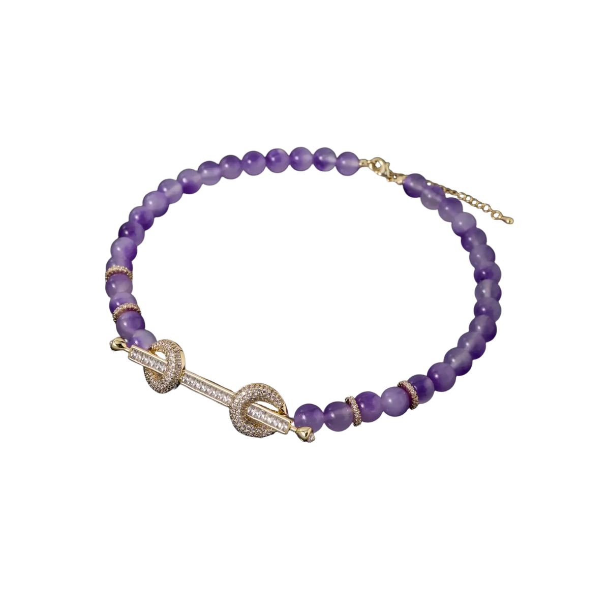 A delicate purple amethyst bead bracelet with a gold-toned diamond clasp matching beaded choker necklace cubic zirconia jewelry