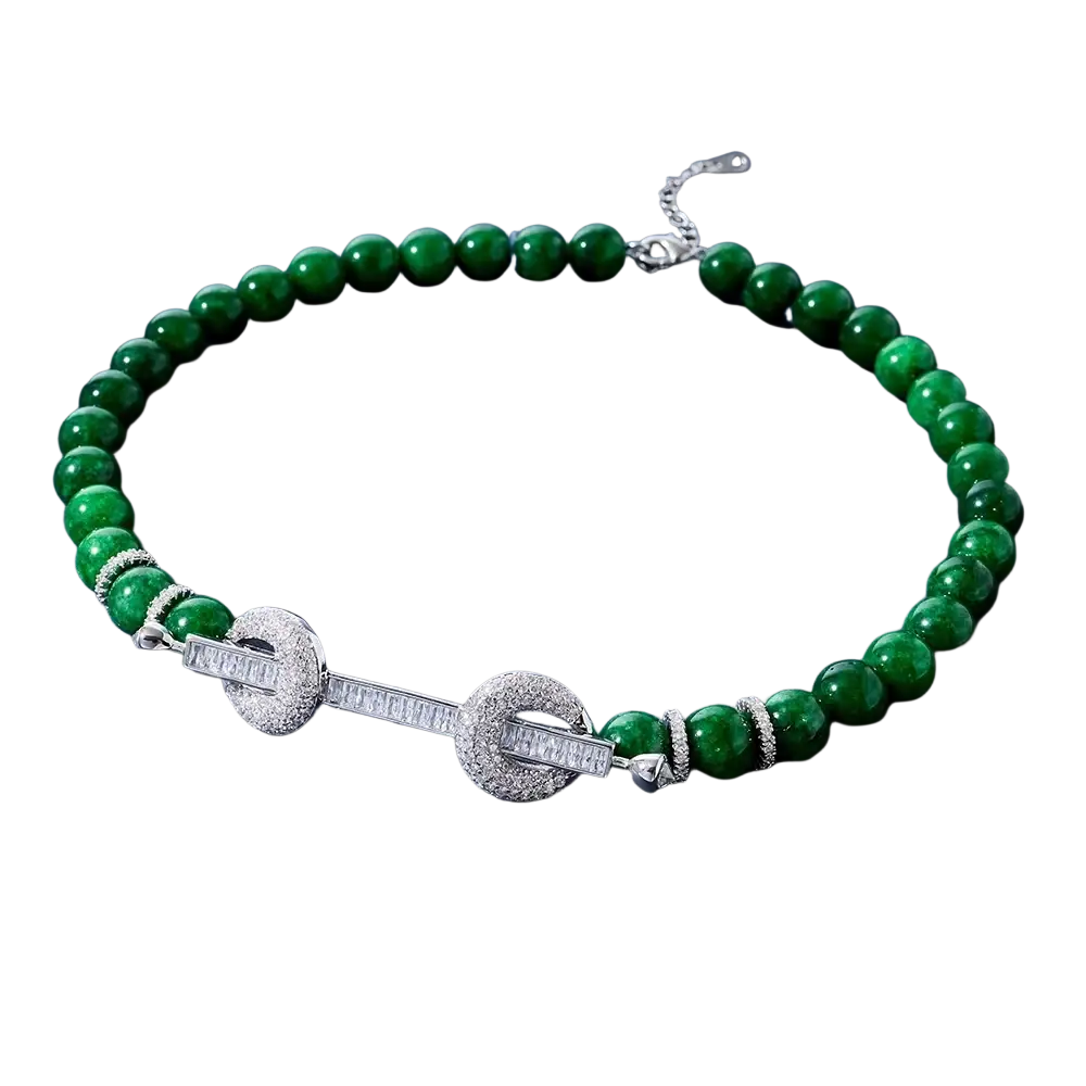Elegant emerald green beaded choker necklace with silver-toned diamond-encrusted toggle clasp cubic zirconia jewelry