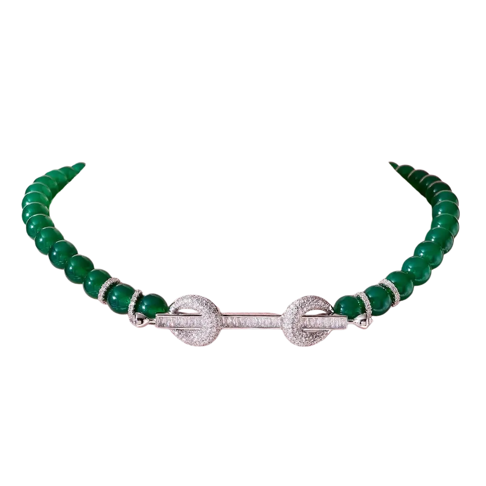 Emerald green jade beaded choker necklace with silver-toned cubic zirconia diamond encrusted clasp