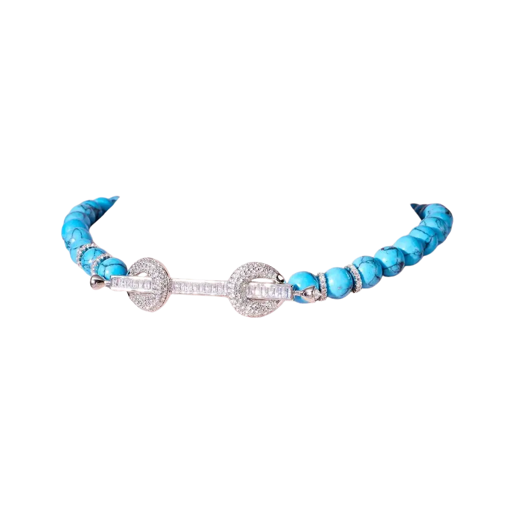 Beaded choker necklace featuring turquoise beads with a silver-toned cubic zirconia clasp for elegant jewelry