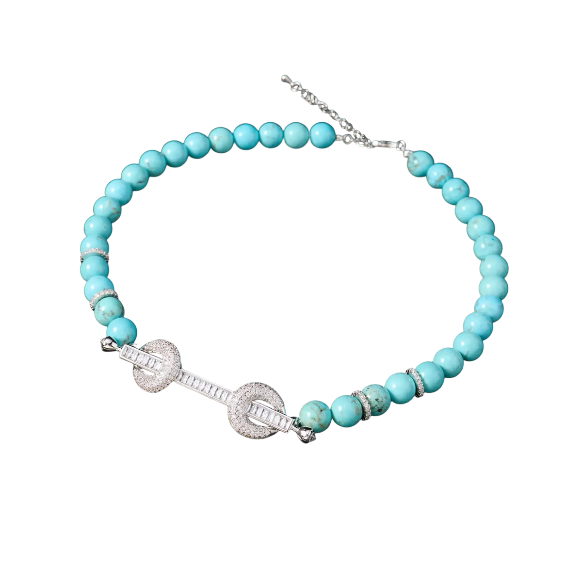 Turquoise beaded bracelet with a silver-toned cubic zirconia toggle clasp complementing the beaded choker necklace