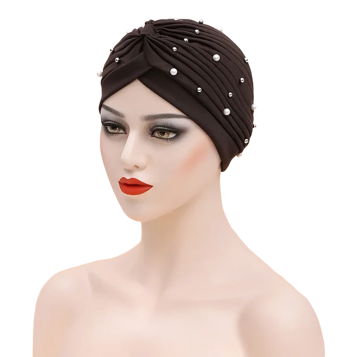 Black beaded cotton turban hat for women with gathered center and pearl embellishments for elegant wear