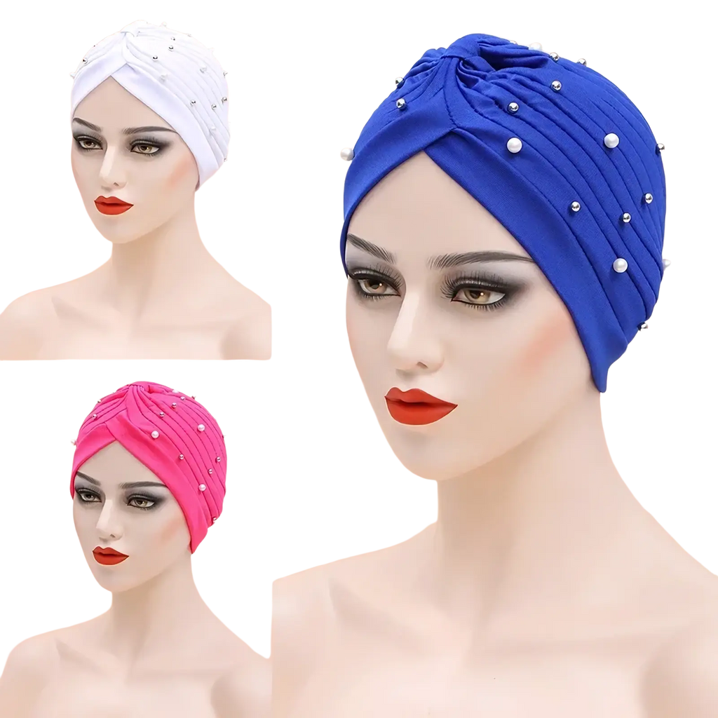 Blue beaded cotton turban hat for women with gathered front and vertical pleats