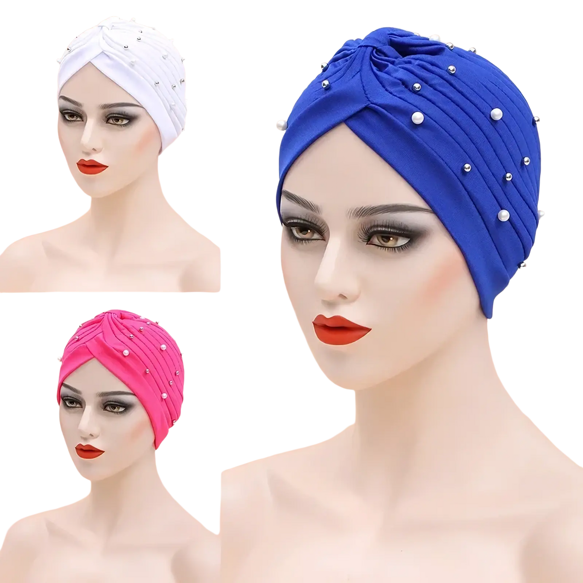 Blue beaded cotton turban hat for women with gathered front and vertical pleats