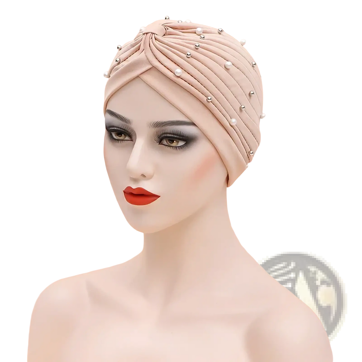 Beige beaded cotton turban hat for women with pearl and silver bead embellishments on the front side