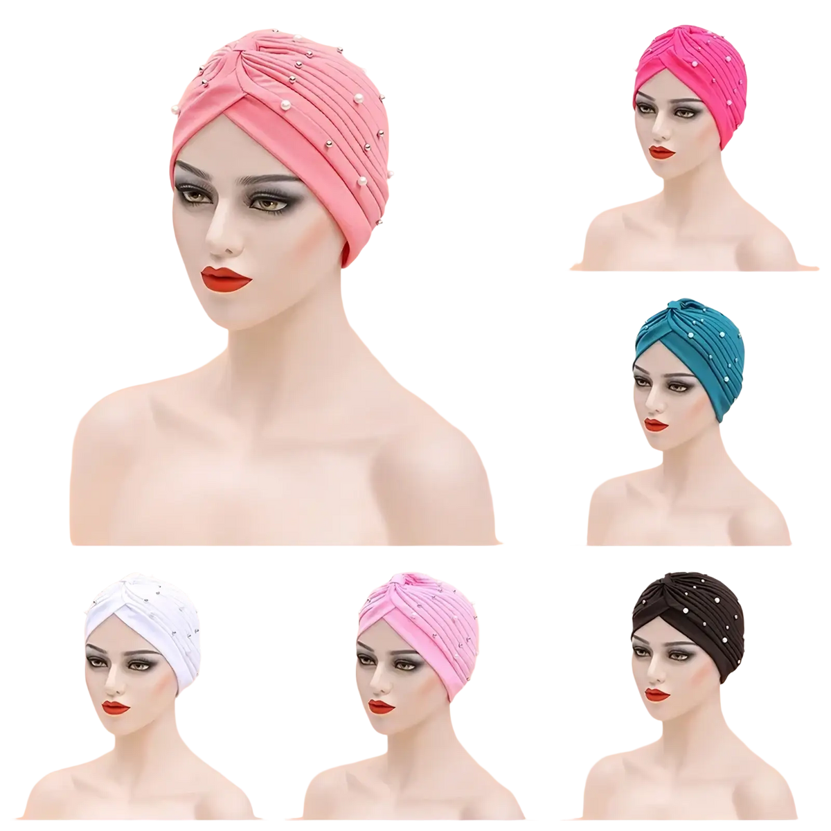 Pink beaded cotton turban hat for women with twisted design and pearl-like embellishments