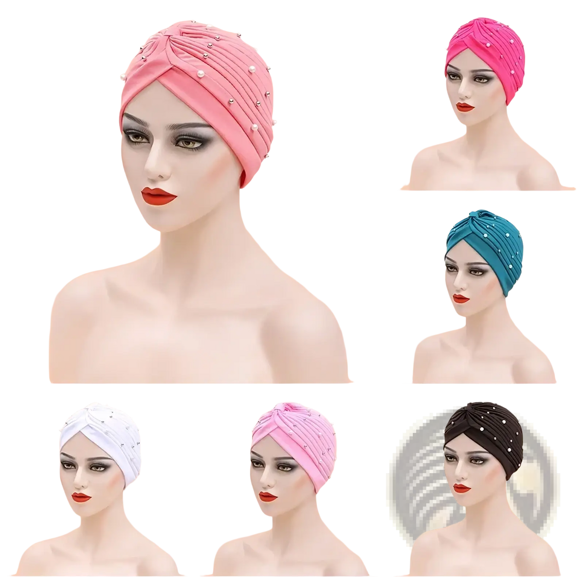 Pink beaded cotton turban hat for women with twisted design and pearl-like embellishments