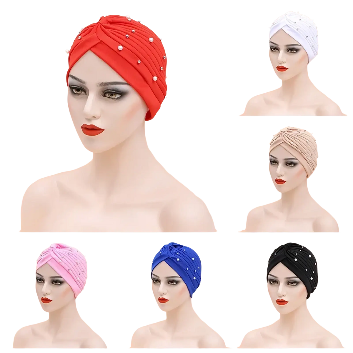 Red beaded cotton turban hat for women with a twisted design showcasing intricate beadwork and vibrant color