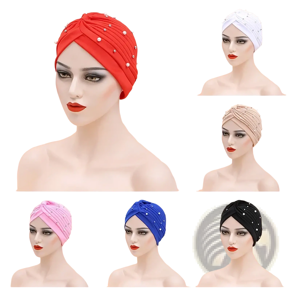 Red beaded cotton turban hat for women with a twisted design showcasing intricate beadwork and vibrant color