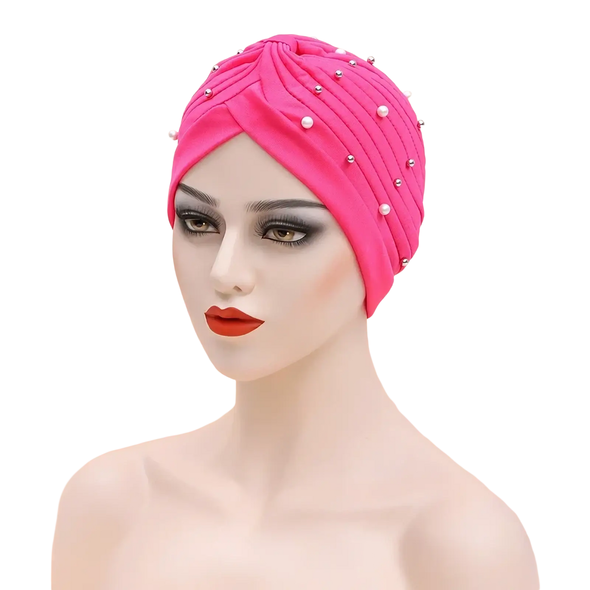 A vibrant pink beaded cotton turban hat for women adorned with small pearls and metallic beads