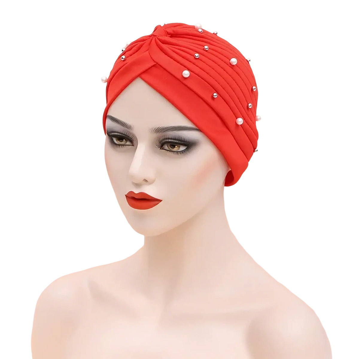 A vibrant red beaded cotton turban hat for women with soft pleats and white pearl and silver bead accents