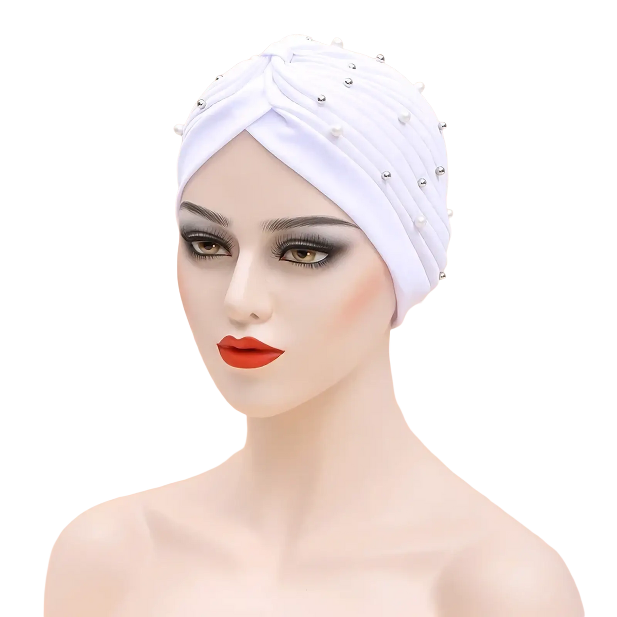 White cotton turban hat for women with a beaded design featuring silver studs and pearl-like embellishments