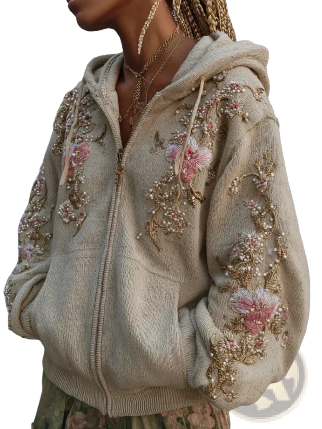 Beige beaded floral lace 3d printed zip-up hoodie with pink and gold beadwork embroidery on fabric