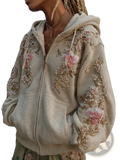 Beige beaded floral lace 3d printed zip-up hoodie with pink and gold beadwork embroidery on fabric