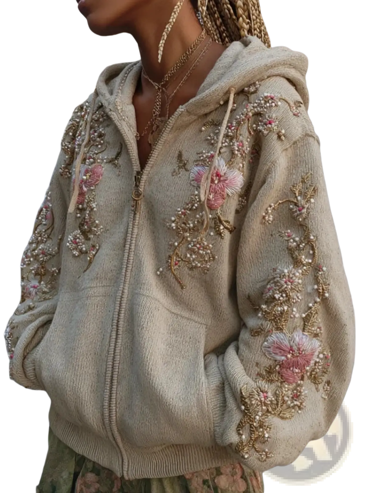 Beige beaded floral lace 3d printed zip-up hoodie with pink and gold beadwork embroidery on fabric