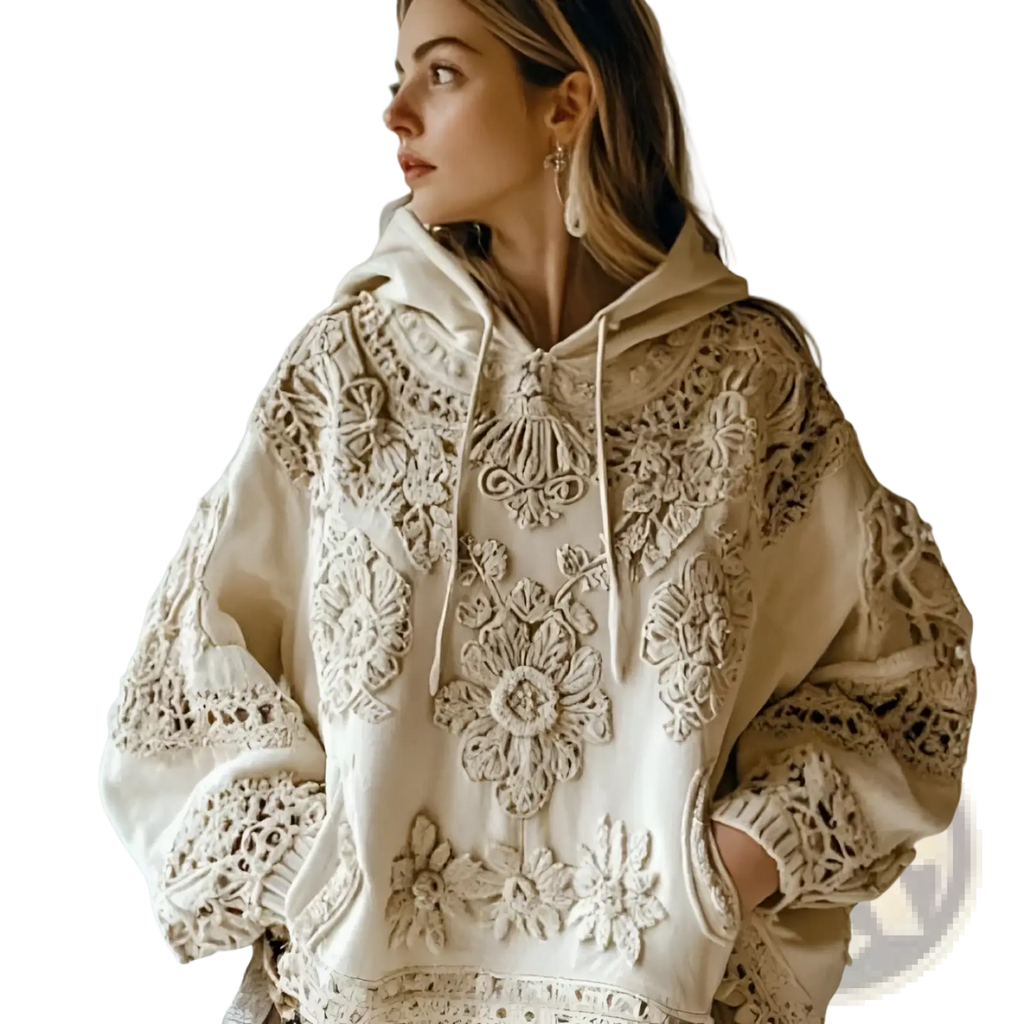 Cream-colored beaded floral lace 3d printed hooded jacket with intricate embroidery, loose sleeves, and drawstring hood