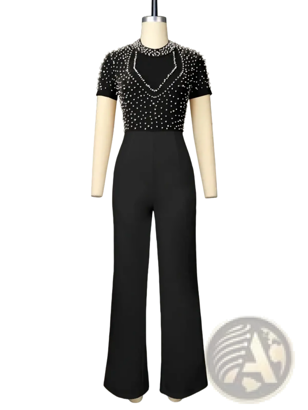 Black beaded short-sleeve jumpsuit with high-waisted wide-leg design elegant party outfit