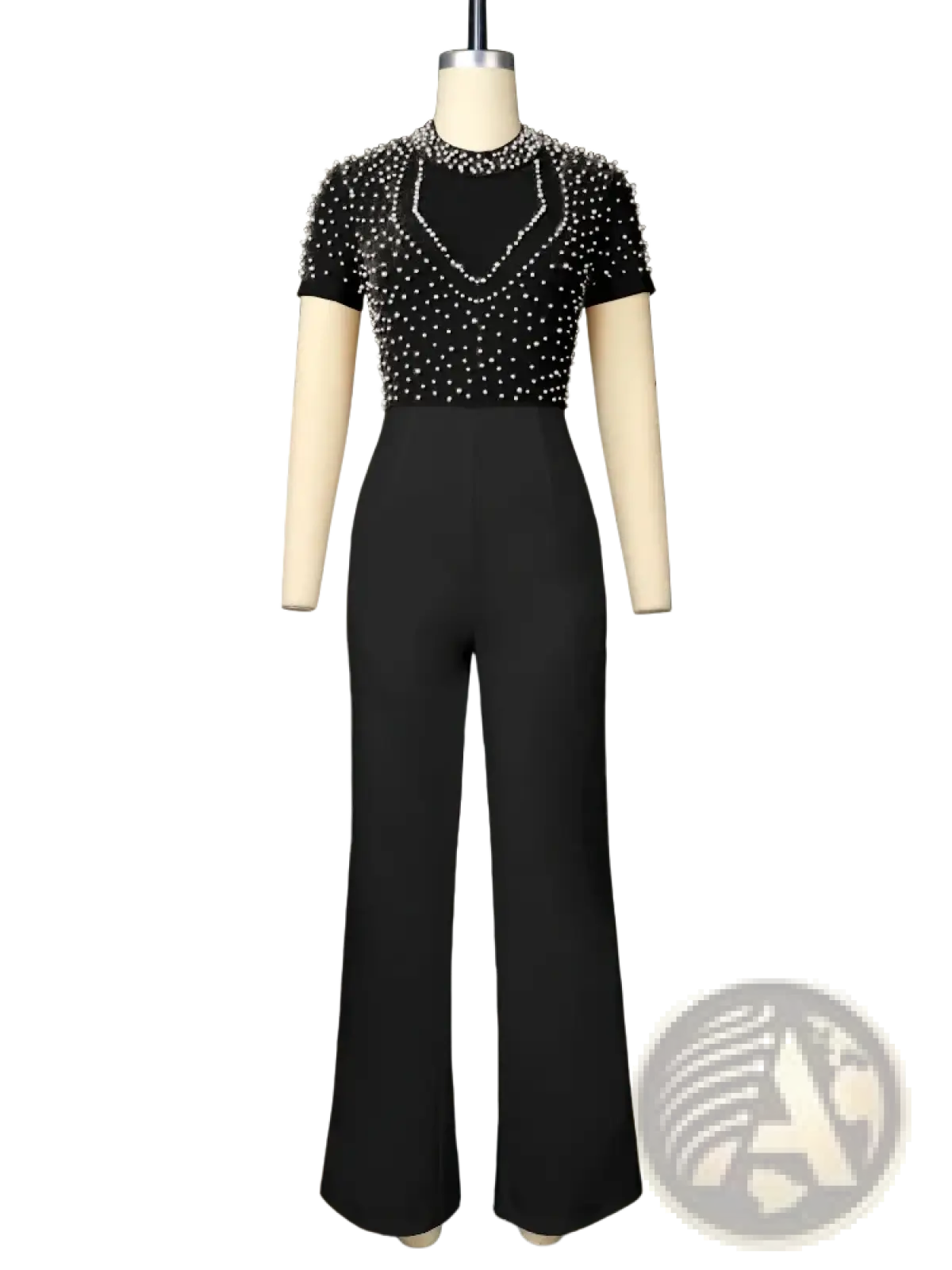 Black beaded short-sleeve jumpsuit with high-waisted wide-leg design elegant party outfit