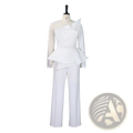 White beaded high waisted jumpsuit with peplum top and wide-leg trousers elegant party outfit