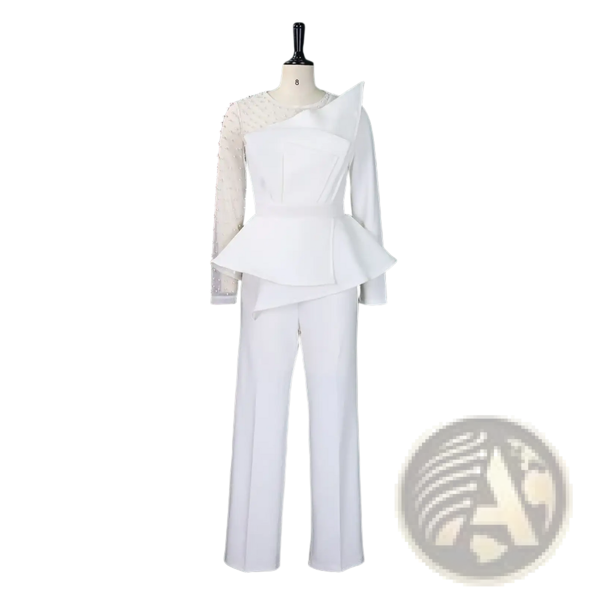 White beaded high waisted jumpsuit with peplum top and wide-leg trousers elegant party outfit