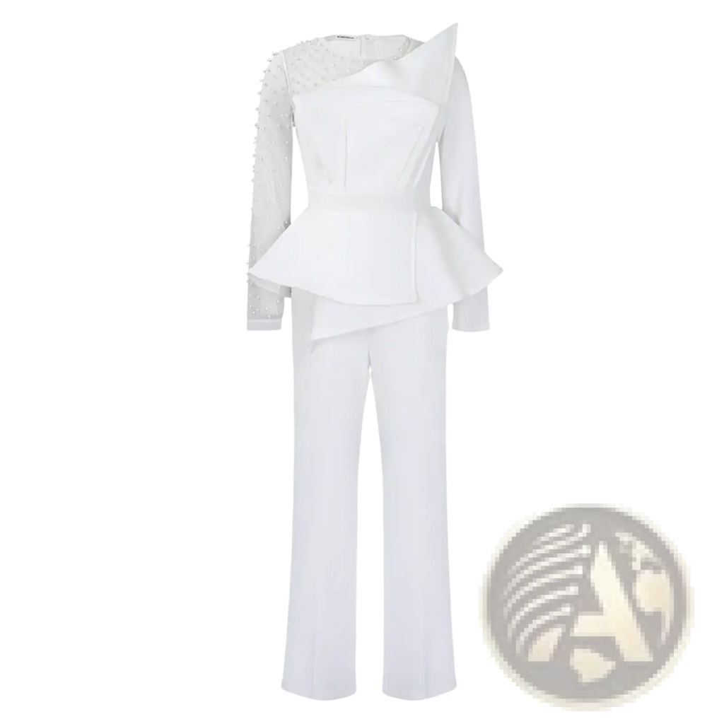 White beaded high waisted jumpsuit with peplum top and flared pants elegant party outfit in modern two piece style