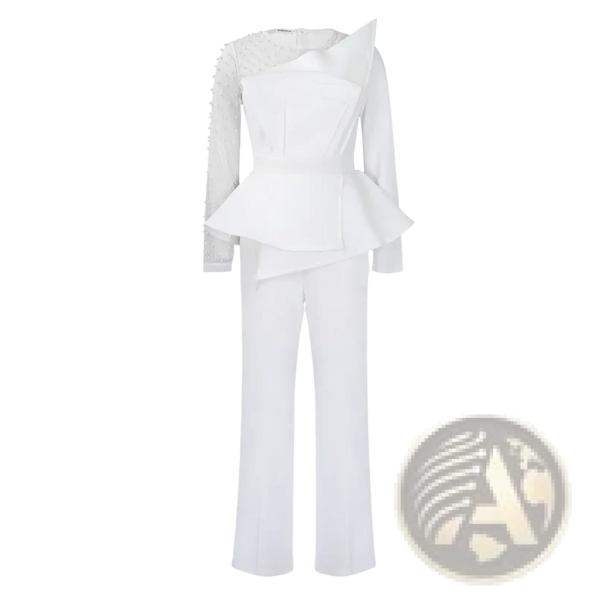 White beaded high waisted jumpsuit with peplum top and flared pants elegant party outfit in modern two piece style