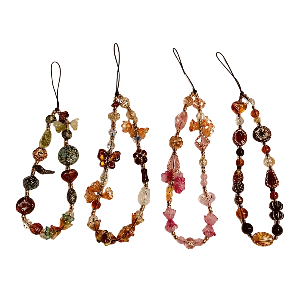 Four handcrafted beaded phone charm straps with amber and blush tones crystal floral wrist hanging ornaments