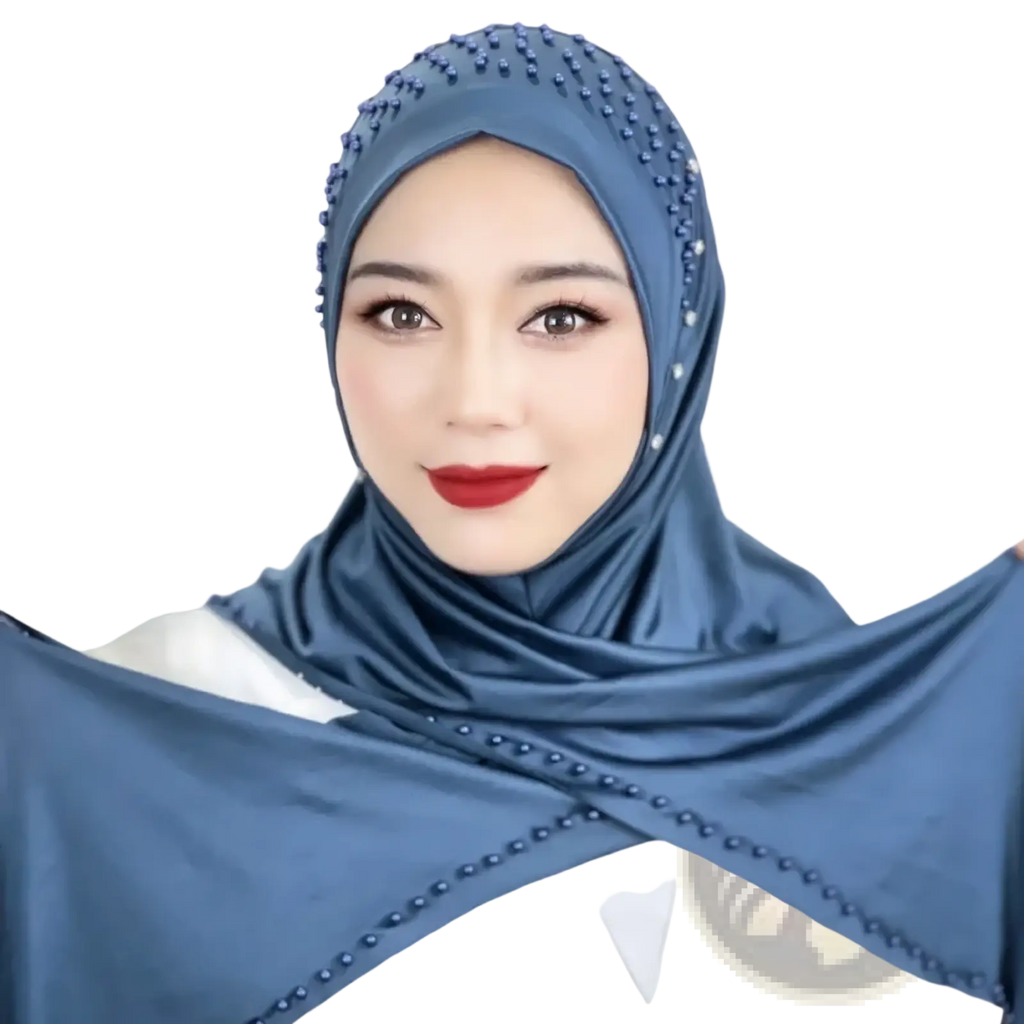 Beaded pullover Muslim hijab scarf in blue with satin-like fabric finish and intricate bead detailing
