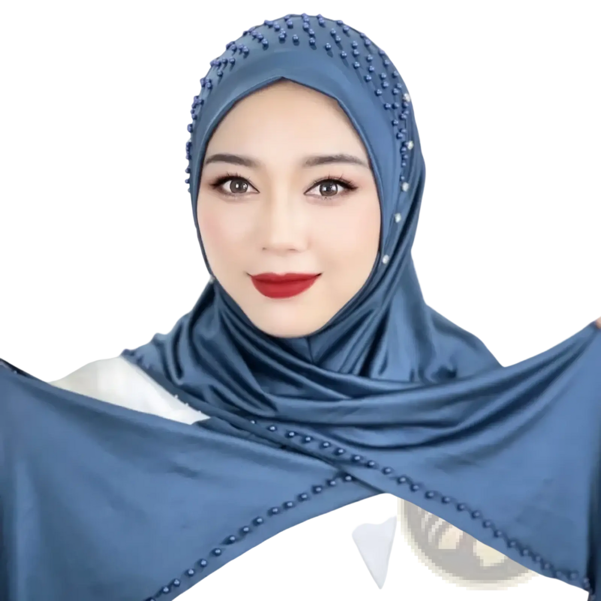 Beaded pullover Muslim hijab scarf in blue with satin-like fabric finish and intricate bead detailing