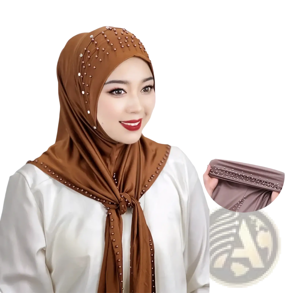 Brown beaded pullover Muslim hijab scarf with shiny beads and pearl-like accents along the edges