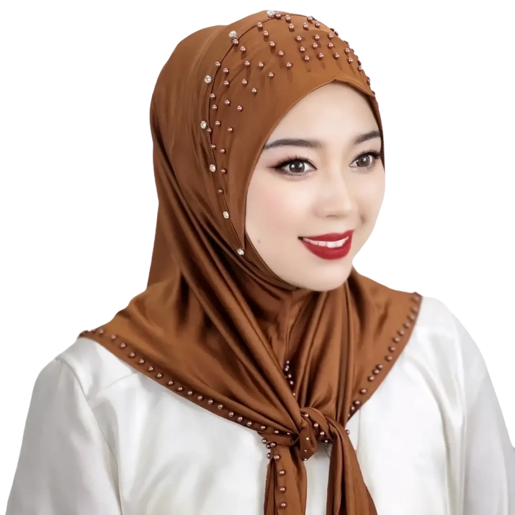 Brown satin beaded pullover muslim hijab scarf with sparkling beads along edges and front for elegant wear
