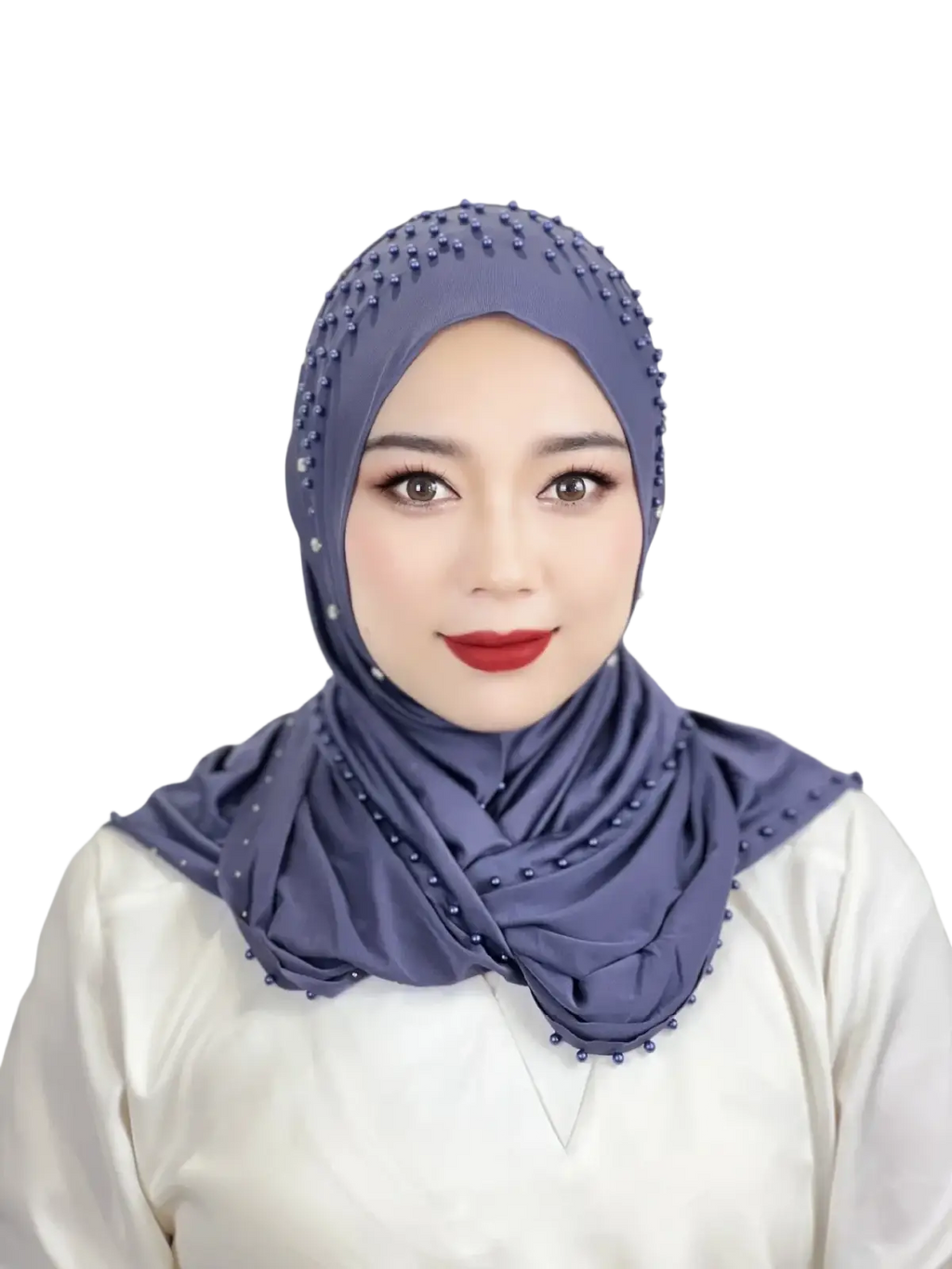 A soft lavender beaded pullover Muslim hijab scarf with delicate embellishments along the edges