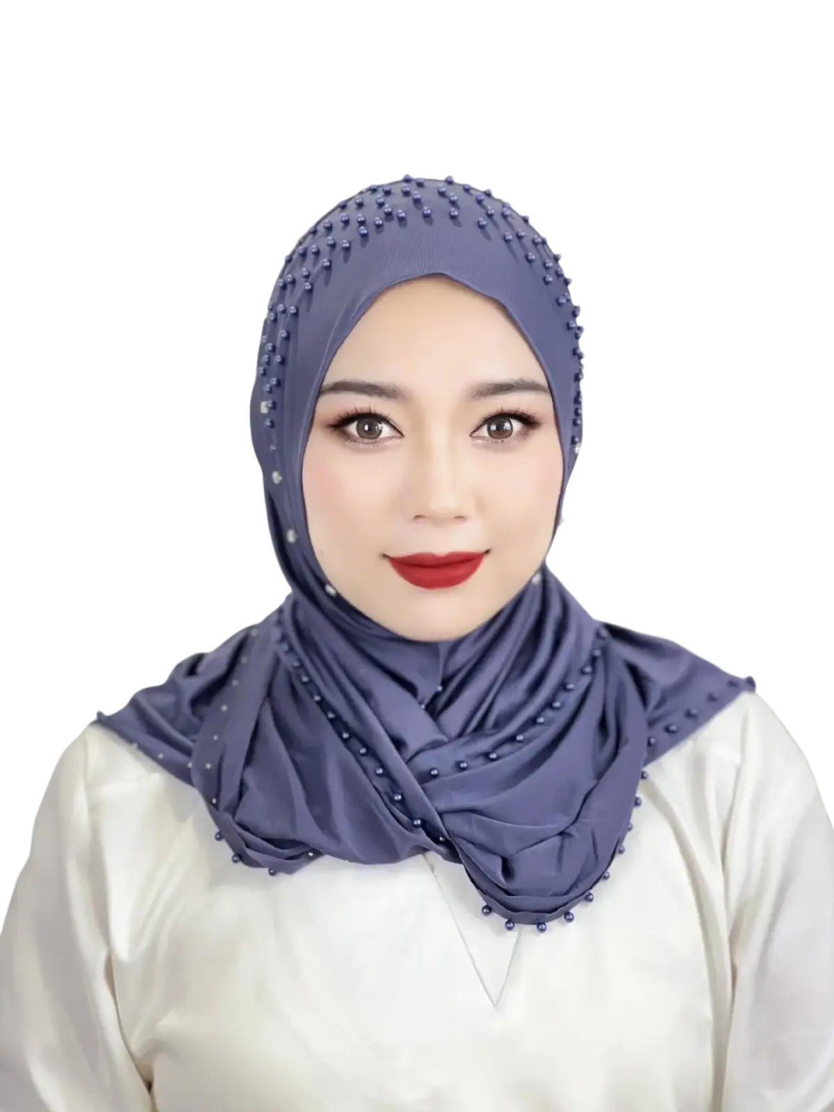 A soft lavender beaded pullover Muslim hijab scarf with delicate embellishments along the edges