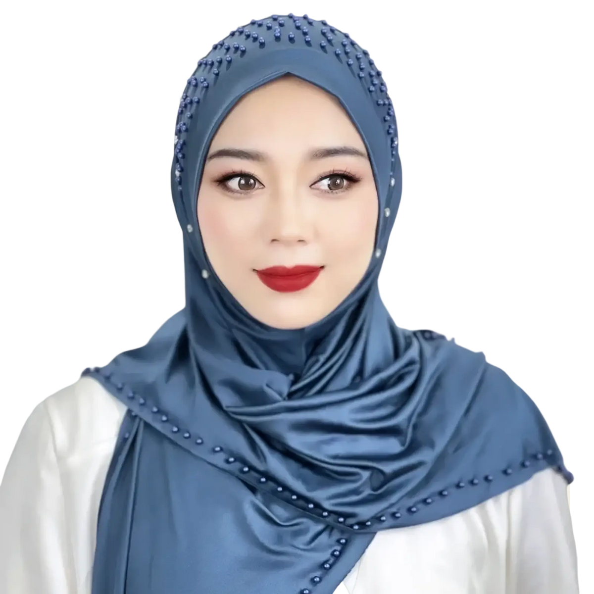 A sleek satin-finish blue beaded pullover Muslim hijab scarf with delicate embellishments along the edges