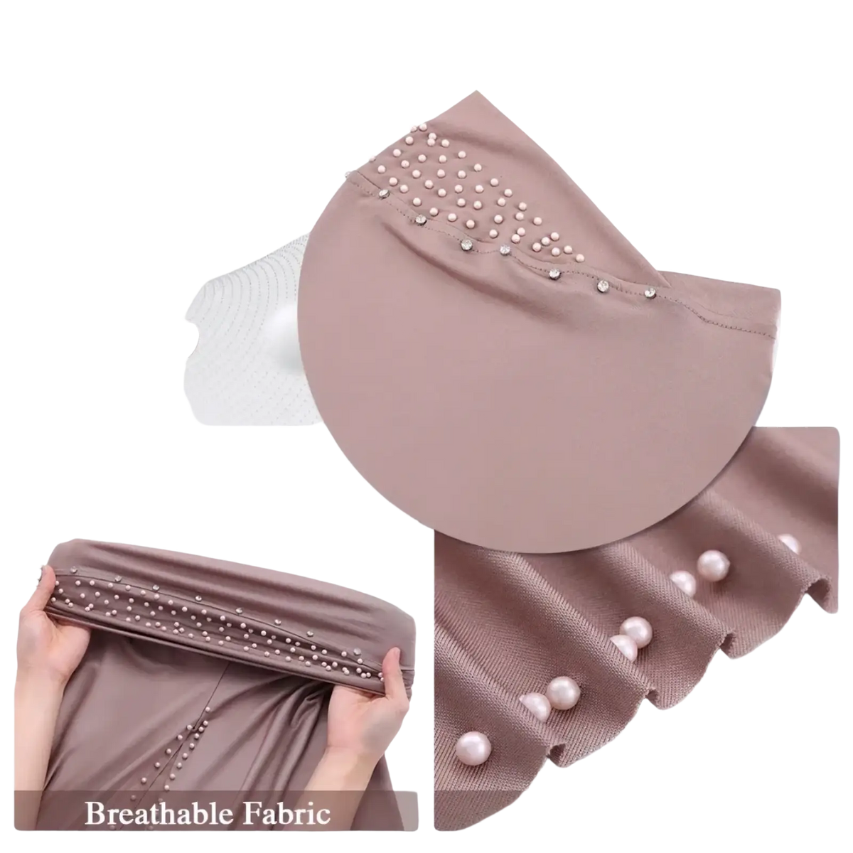 A mauve soft muslim hijab cap with pearl and rhinestone beaded design for elegant pullover wear