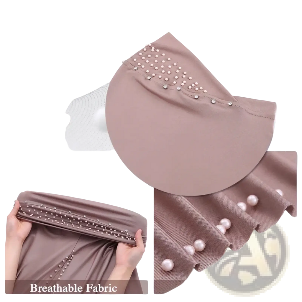 A mauve soft muslim hijab cap with pearl and rhinestone beaded design for elegant pullover wear