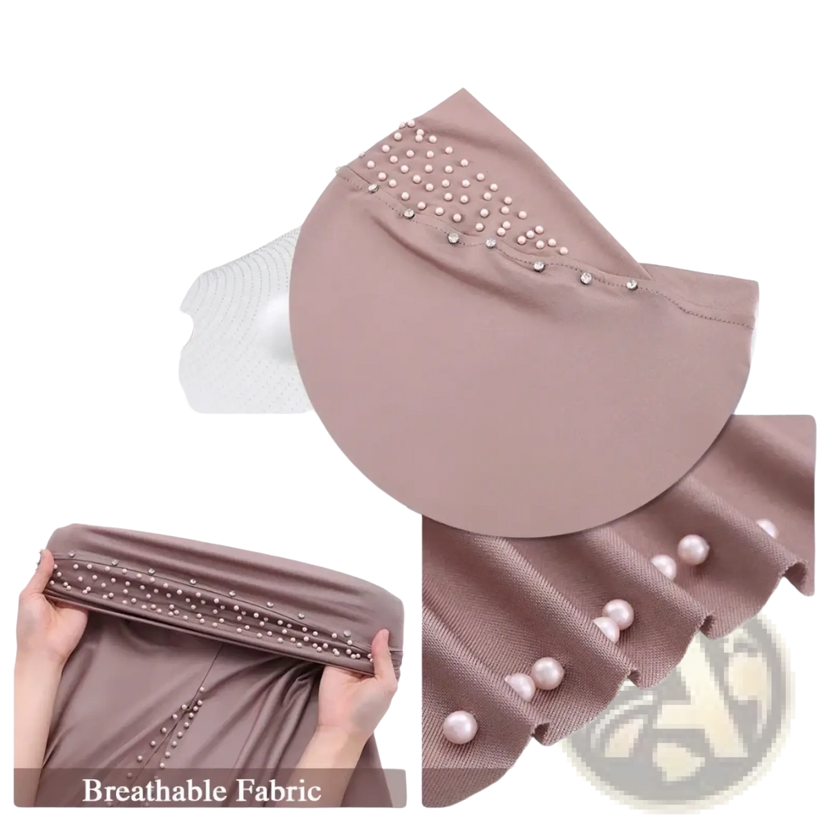 A mauve soft muslim hijab cap with pearl and rhinestone beaded design for elegant pullover wear