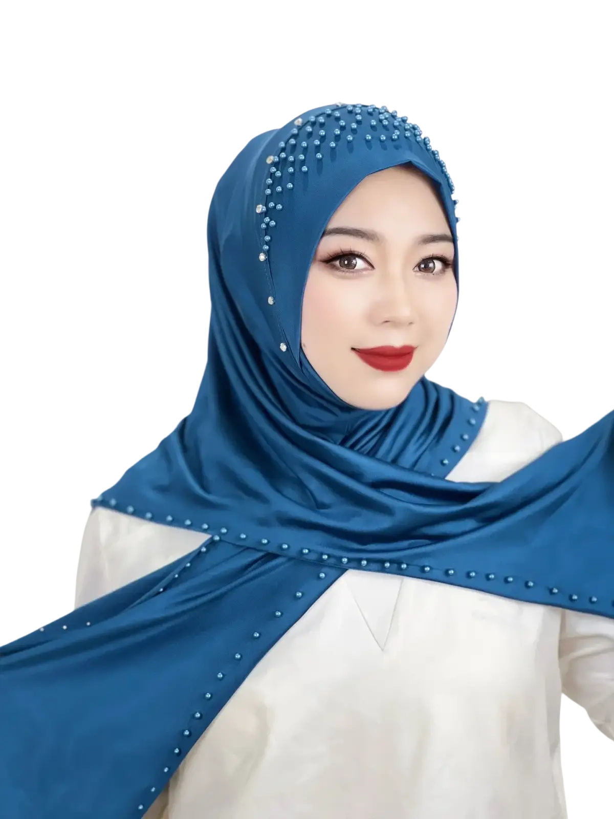 A vibrant royal blue beaded pullover Muslim hijab scarf made of smooth satin fabric with rhinestone accents