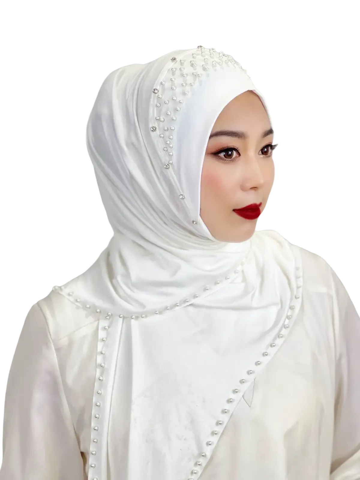 White beaded pullover muslim hijab scarf adorned with sparkling rhinestones along edges and neckline