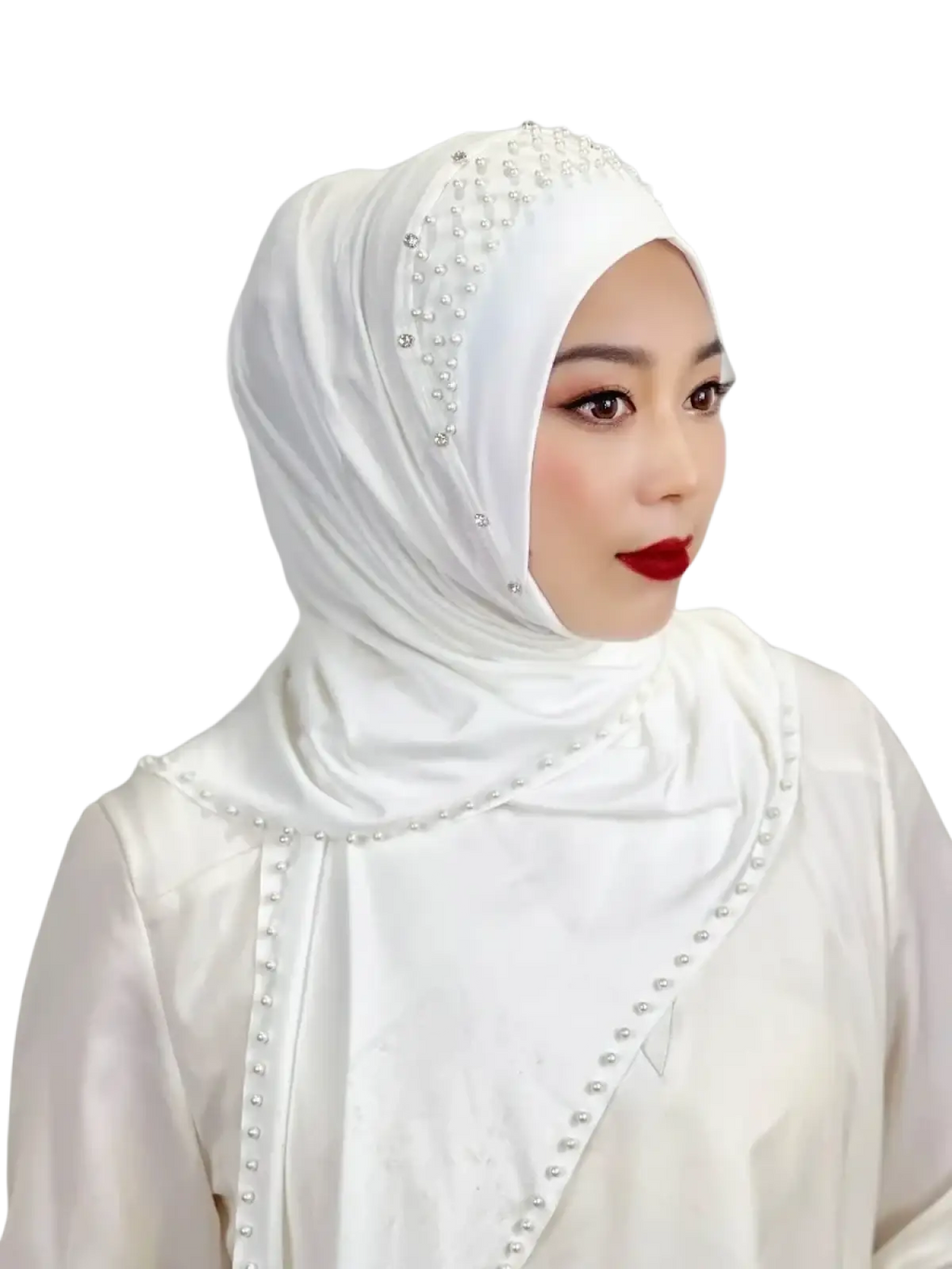 White beaded pullover muslim hijab scarf with rhinestones and pearl-like embellishments along the edges