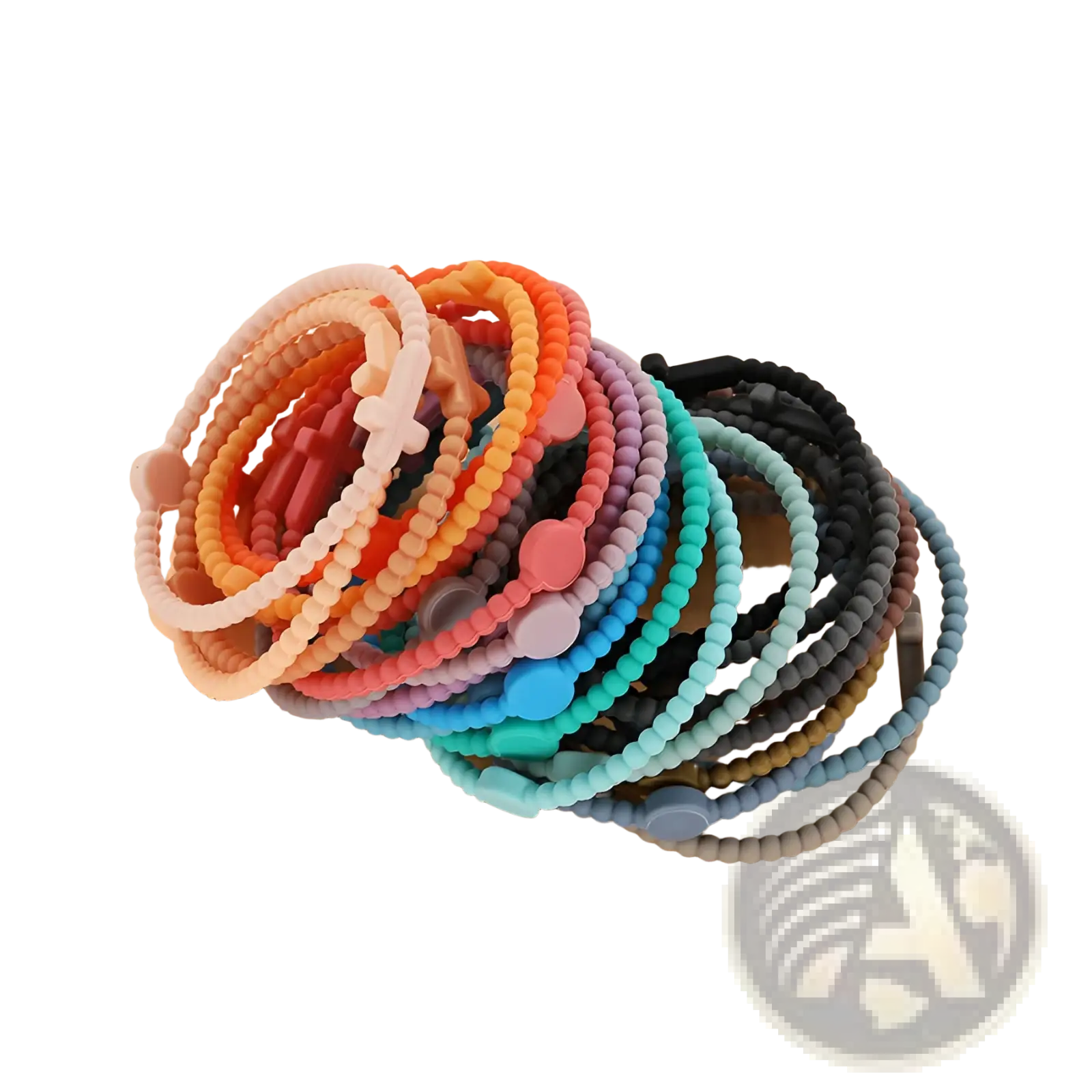 A collection of colorful beaded silicone cross bracelets in pastel and vibrant hues with round clasps and decorative charms