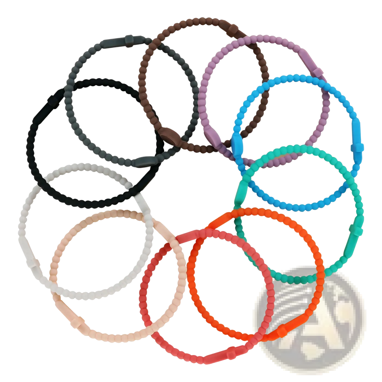 A collection of beaded silicone cross bracelets with round clasps in assorted colors including black pink and blue